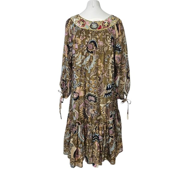 Twin-Set Simona Barbieri 100% Silk, Floral Tie Sleeve Dress, Sequin Embellish, S - Picture 3 of 7